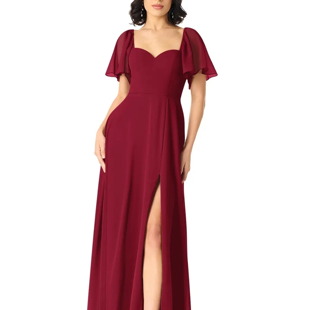 Azazie Burgundy Maxi Dress with Flutter Sleeves
